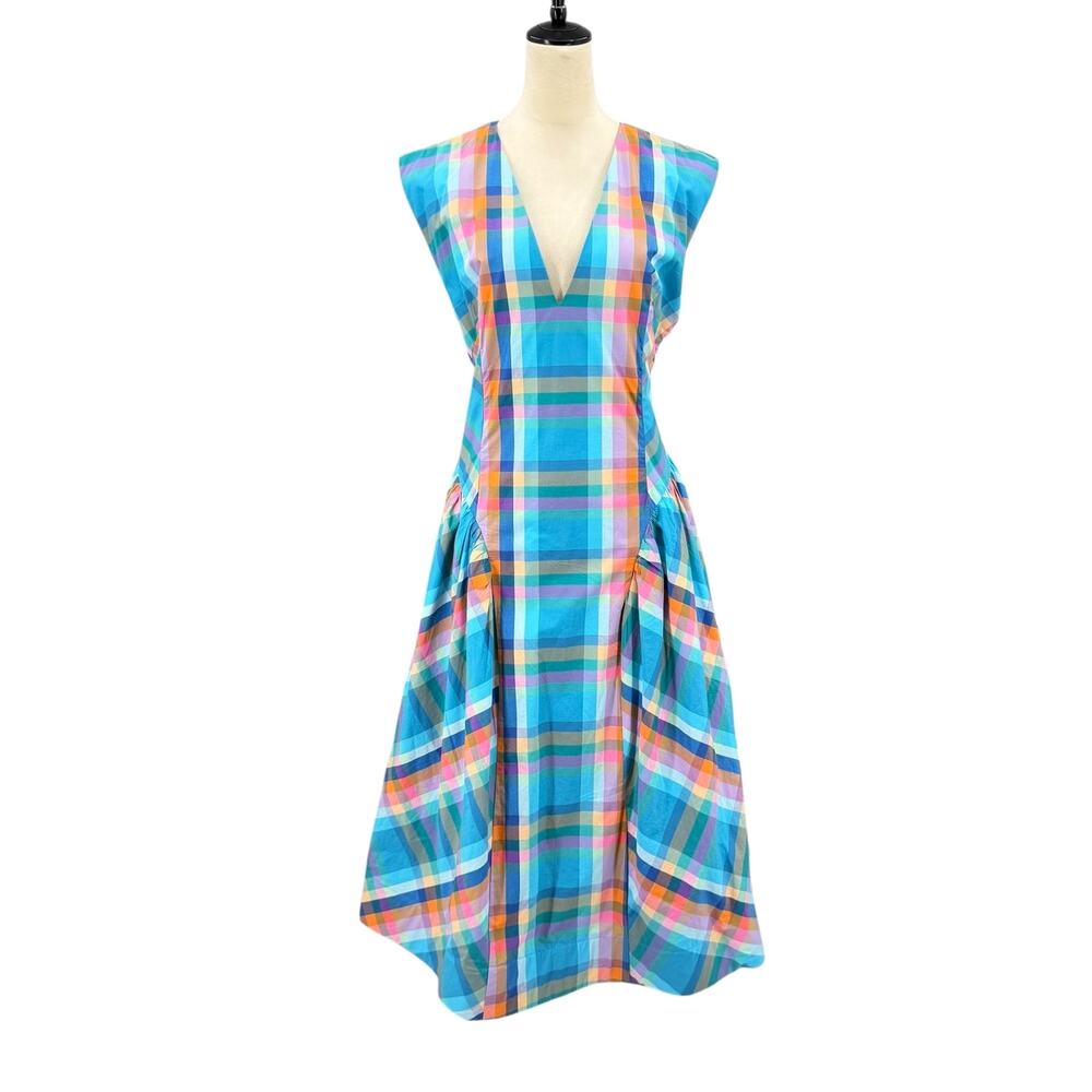 Anthropologie Maeve NEW Sleeveless V-Neck Basque Waist Blue Plaid Midi Dress - Picture 4 of 15
